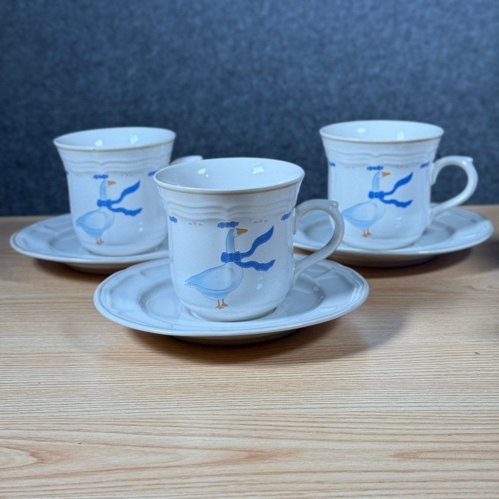Vintage Newcor Stoneware Country Goose Cup and Saucer Set of 3 White Blue